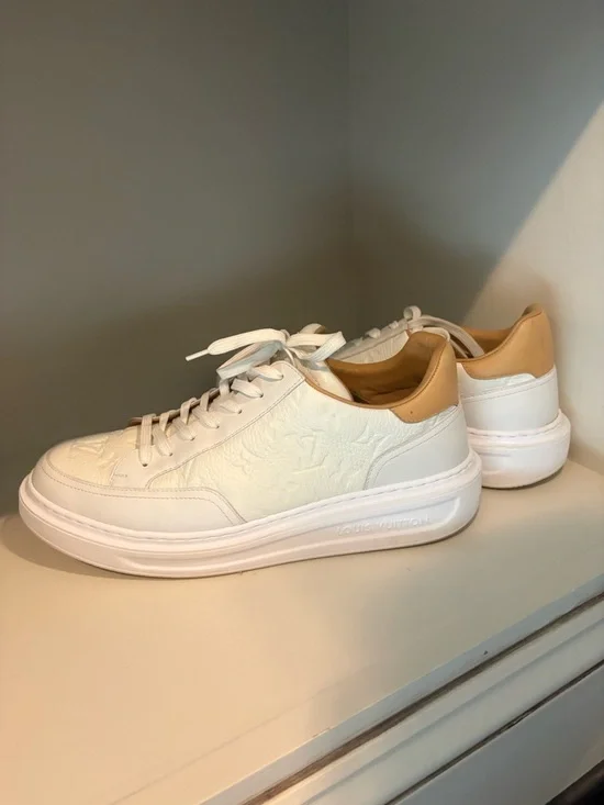 White Mens Louis Vuitton Leather Low-Top Sneakers - Luxury Embossed Design - Picture 6 of 6